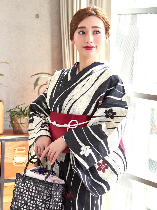 ≪会場スグ≫【販売】よろけ縞モダン椿・粋浴衣フルセット（浴衣・平帯