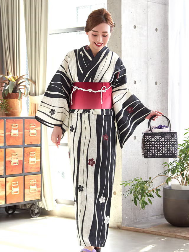 ≪会場スグ≫【販売】よろけ縞モダン椿・粋浴衣フルセット（浴衣・平帯・下駄）